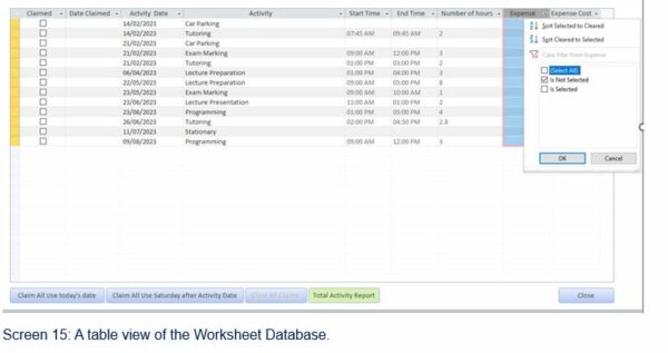 The table view of the database that can be filtered using the filters in the column headings at the top of the table. These filters determine what records appear in the Total Activity Report.